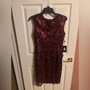 Adrianna Papell Burgundy Lace Sequin Sheath Dress